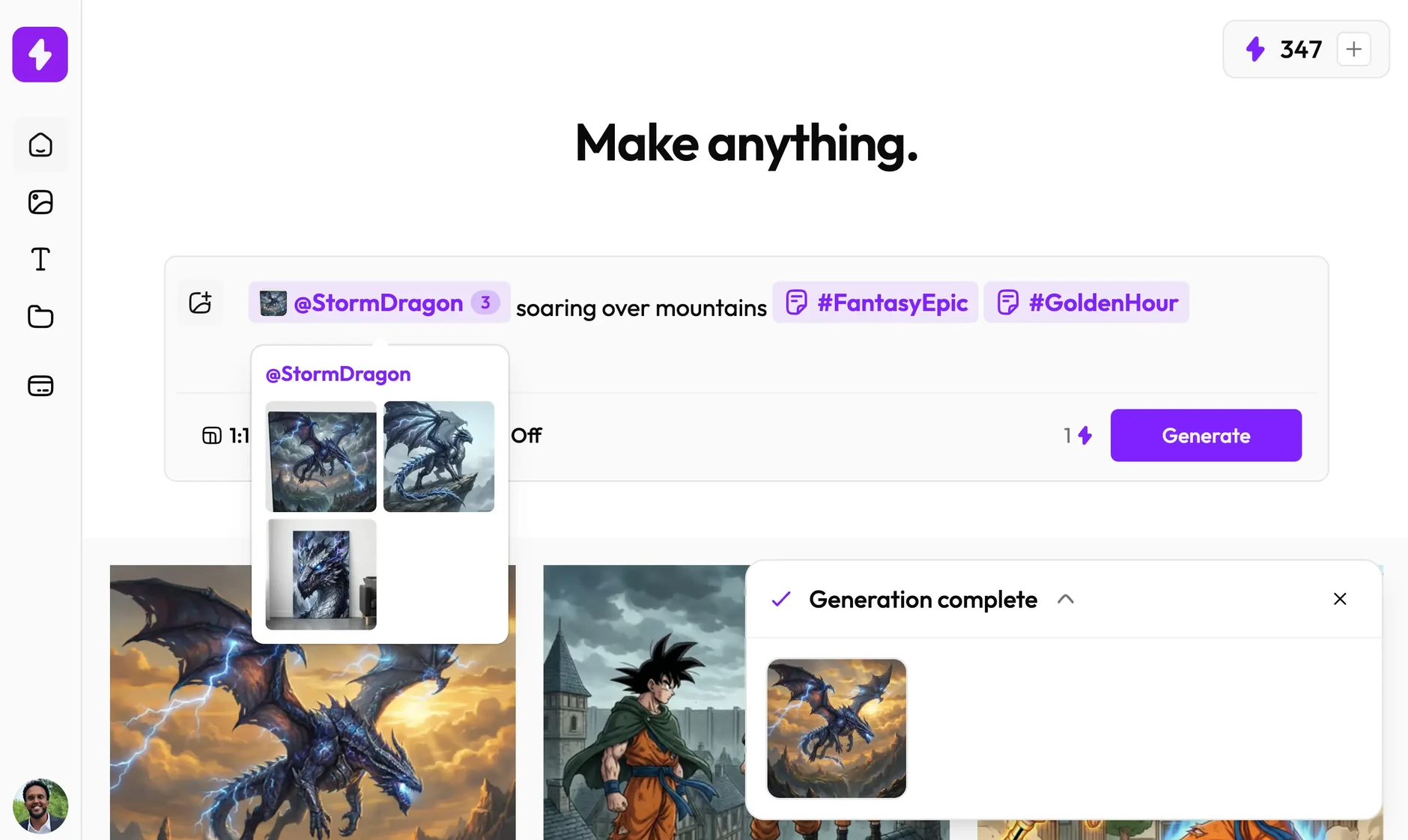 Nani prompt composer with an @StormDragon image-set chip showing a three-image thumbnail popover, plus #FantasyEpic and #GoldenHour prompt-set chips