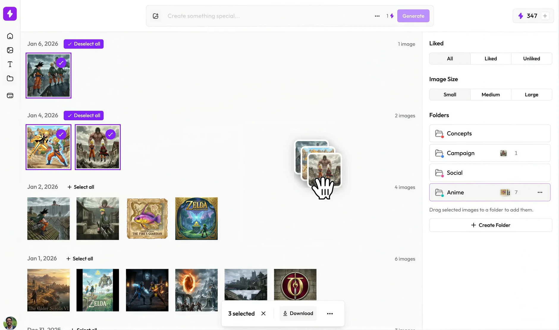 Nani library with three images selected, a stacked-thumbnail drag ghost under the cursor, and folders in the sidebar lighting up as drop targets
