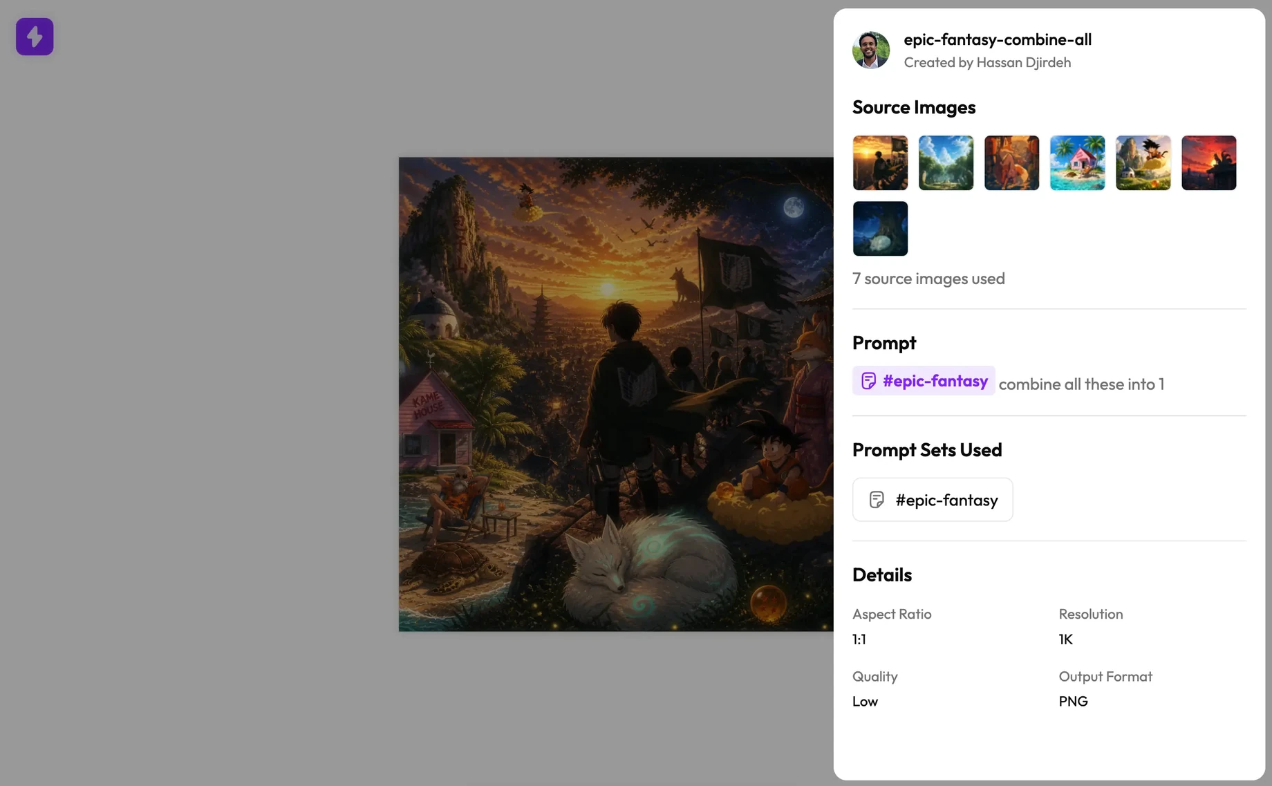Nani public share page showing a generated image with a details sidebar: source images, the prompt with its #epic-fantasy chip, prompt sets used, and generation settings